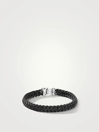 Woven Box Chain Bracelet Sterling Silver With Black Stainless Steel And Nylon