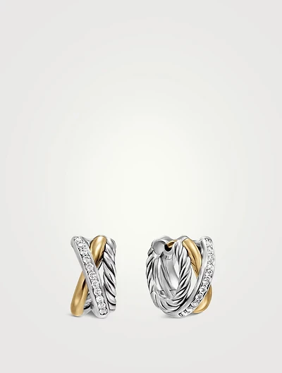 Crossover Three Row Huggie Hoop Earrings In Sterling Silver With 18k Yellow Gold, 13mm