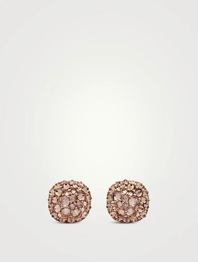 Reverse Set Pavé Cushion Stud Earrings In 18k Rose Gold With Cognac Diamonds, 8.5mm