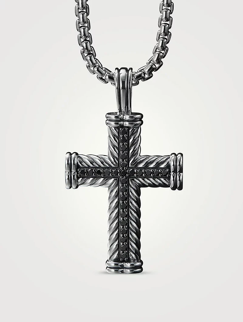 Chevron Cross Pendant In Sterling Silver With Pavé Black Diamonds