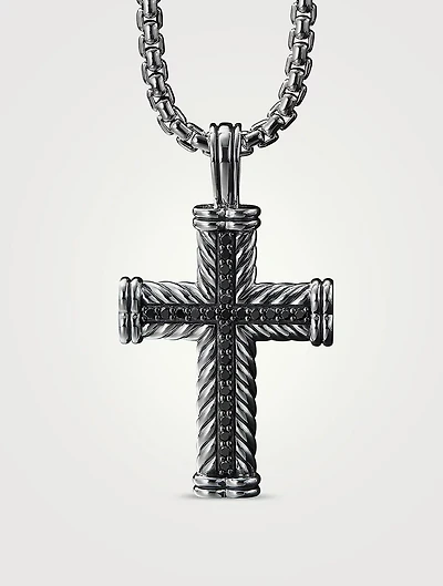 Chevron Cross Pendant In Sterling Silver With Pavé Black Diamonds