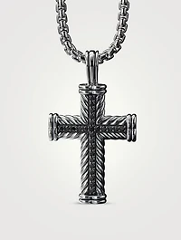 Chevron Cross Pendant In Sterling Silver With Pavé Black Diamonds