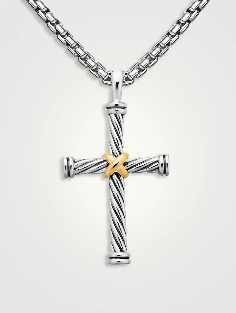 Cable Cross Pendant In Sterling Silver With 18k Yellow Gold, 35mm