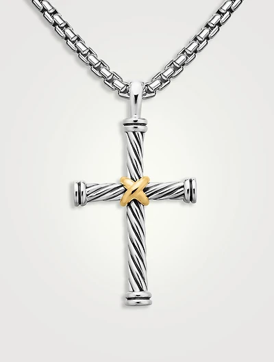 Cable Cross Pendant In Sterling Silver With 18k Yellow Gold, 35mm
