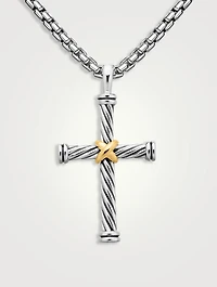 Cable Cross Pendant In Sterling Silver With 18k Yellow Gold, 35mm