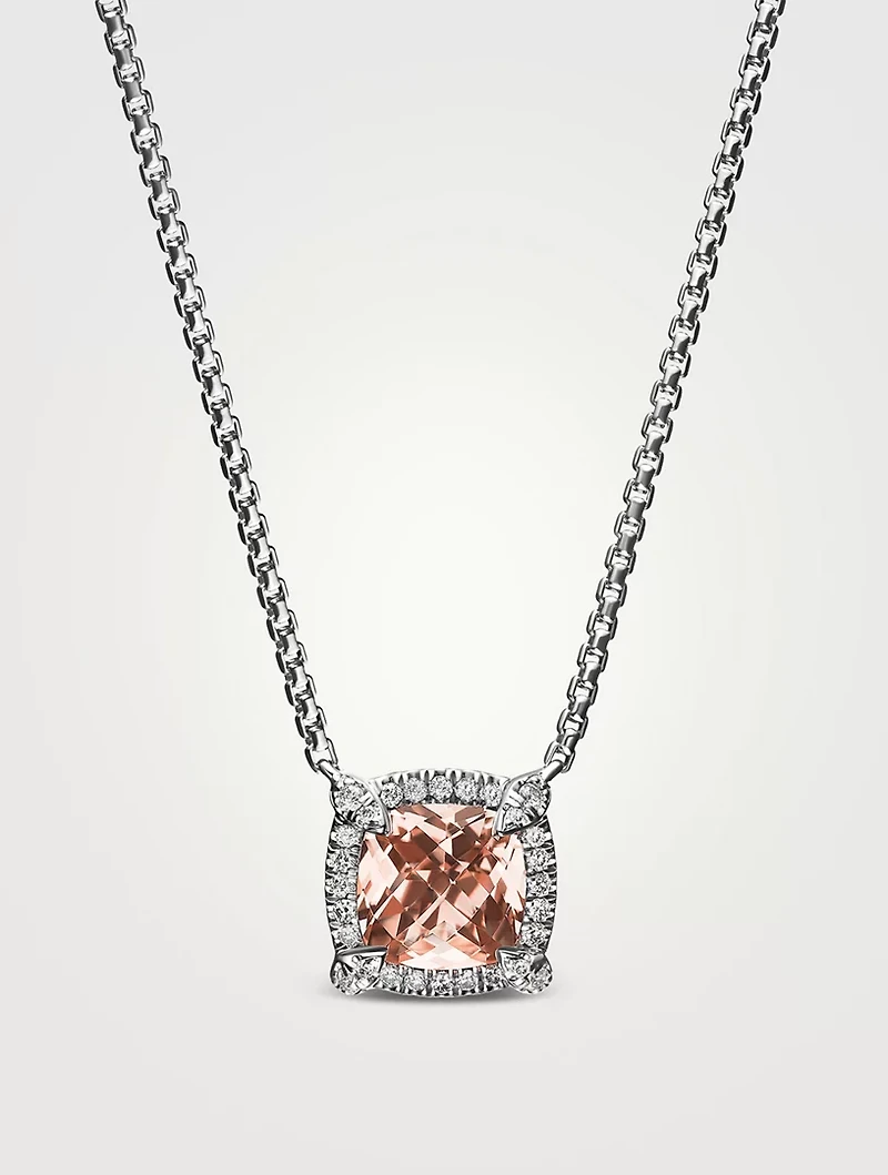 Petite Chatelaine® Pavé Bezel Pendant Necklace In Sterling Silver With Morganite And Diamonds, 7mm