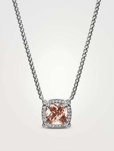 Petite Chatelaine® Pavé Bezel Pendant Necklace In Sterling Silver With Morganite And Diamonds, 7mm