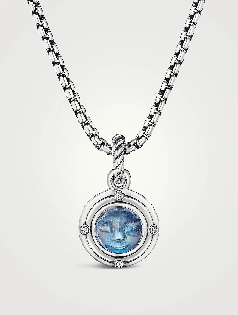 Moon Amulet In Sterling Silver With Rainbow Moonstone And Diamonds