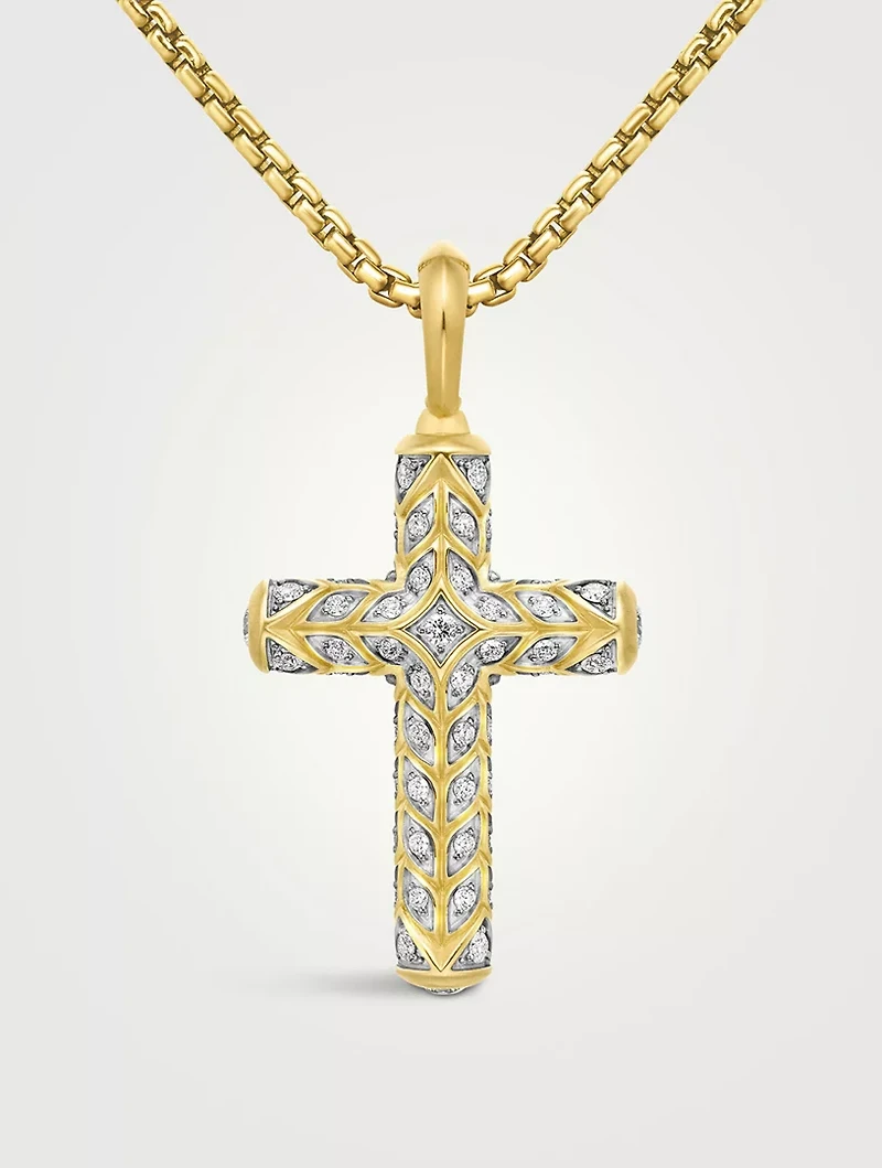 Chevron Cross Pendant In 18k Yellow Gold With Pavé Diamonds, 36mm