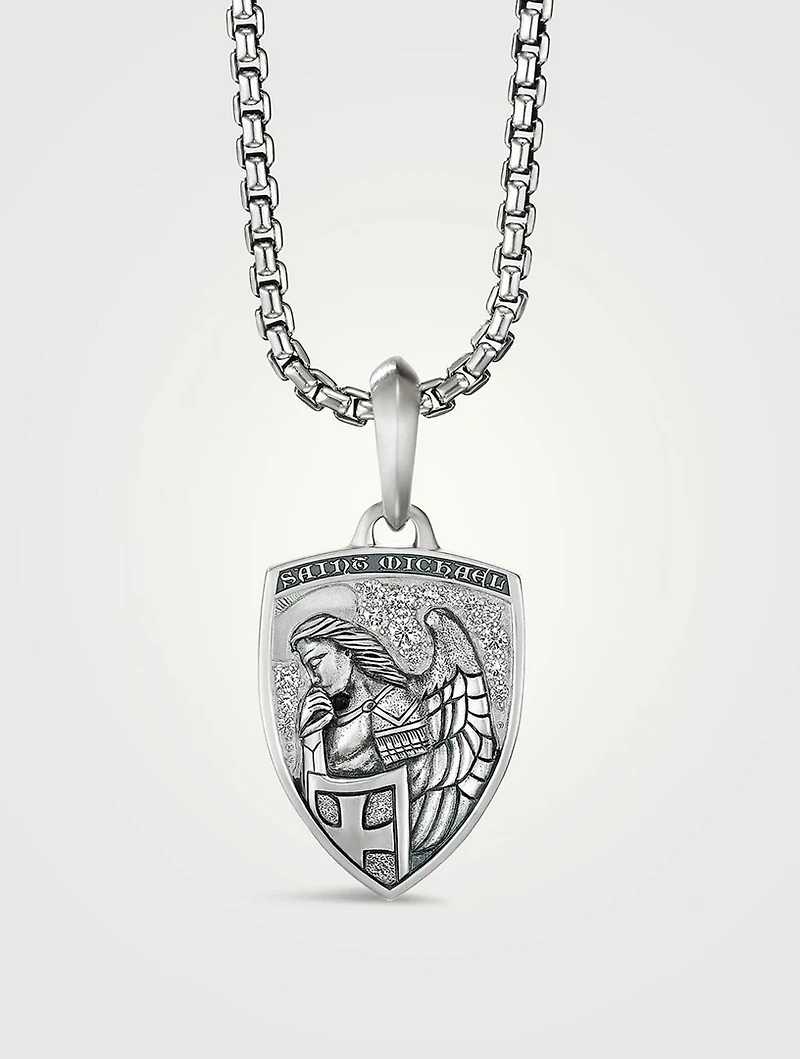 St. Michael Amulet In Sterling Silver With Pavé Diamonds