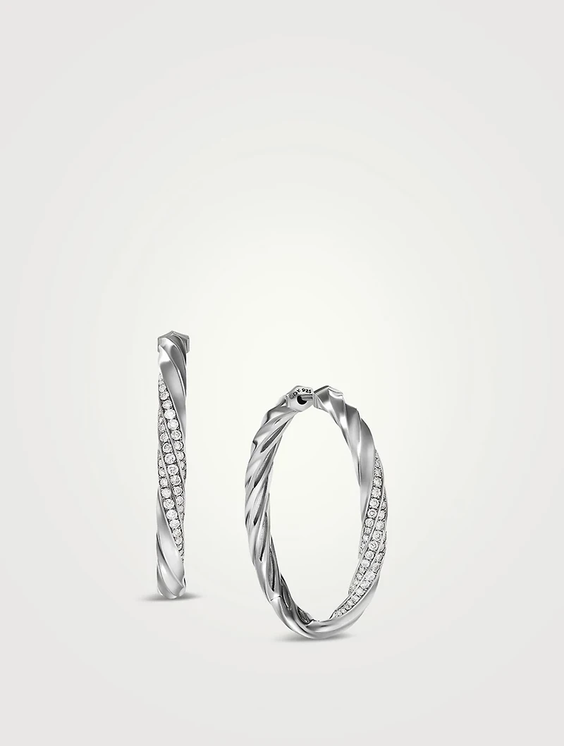 Cable Edge® Hoop Earrings In Sterling Silver With Pavé Diamonds