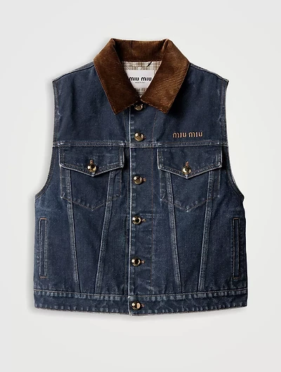 Flocked Denim And Velvet Vest