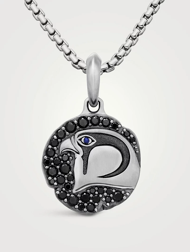 Cairo Falcon Amulet In Sterling Silver With Sapphire And Black Diamonds, 19mm