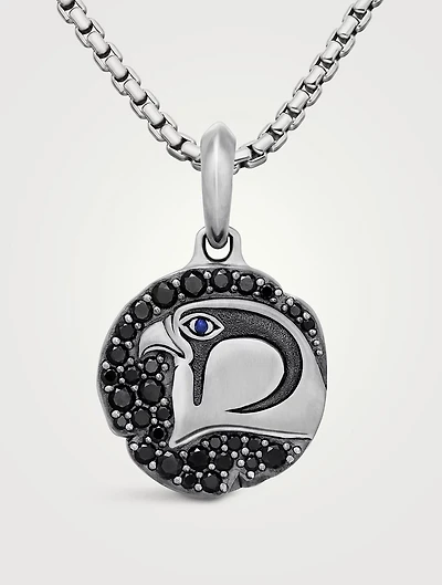 Cairo Falcon Amulet In Sterling Silver With Sapphire And Black Diamonds, 19mm