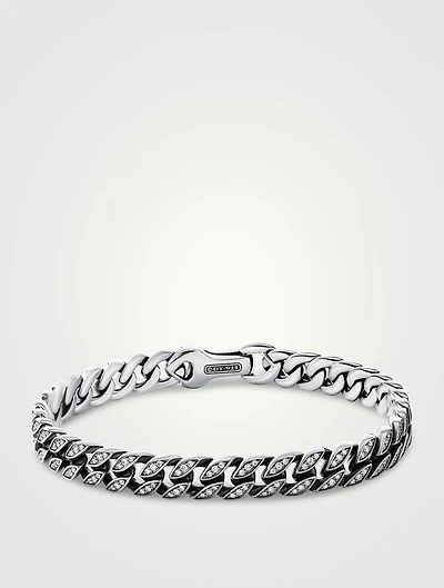 Curb Chain Bracelet Sterling Silver With Diamonds, 8mm