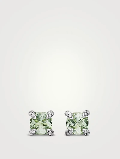 Petite Chatelaine® Stud Earrings In Sterling Silver With Prasiolite And Diamonds, 6mm