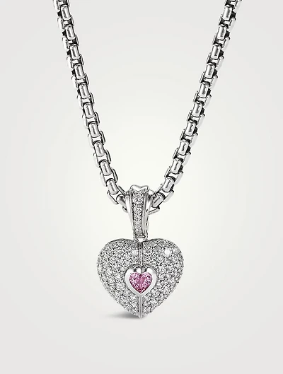 Sy Heart Amulet In 18k White Gold With Pavé Diamonds And Pink Sapphire