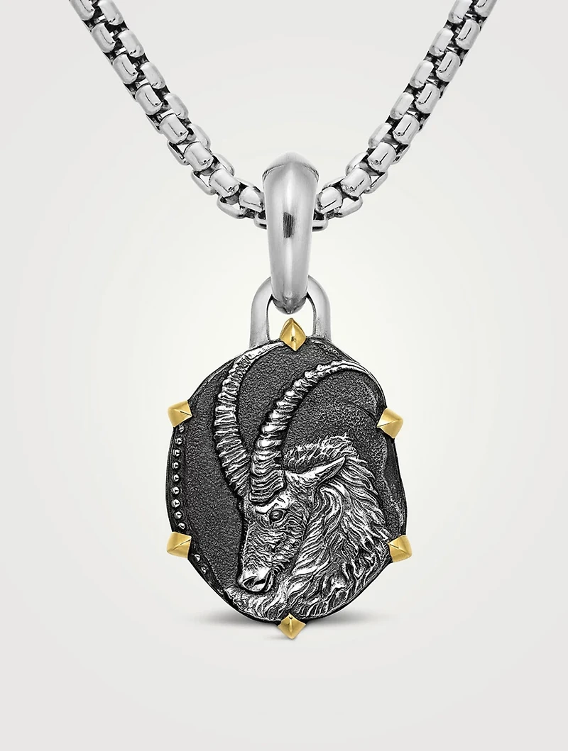 Capricorn Amulet In Sterling Silver With 18k Yellow Gold, 33mm
