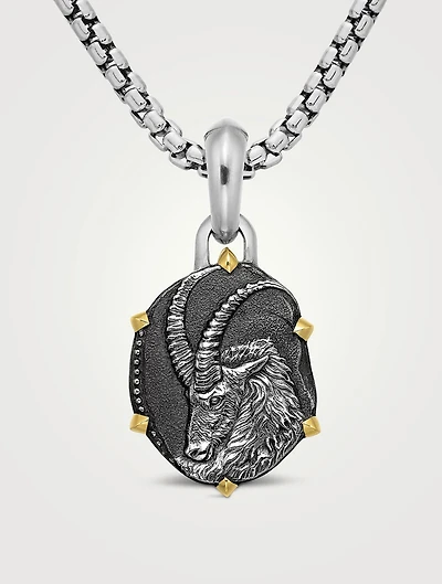 Capricorn Amulet In Sterling Silver With 18k Yellow Gold, 33mm
