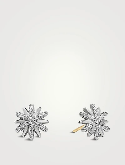 Petite Starburst Stud Earrings In Sterling Silver With Pavé Diamonds