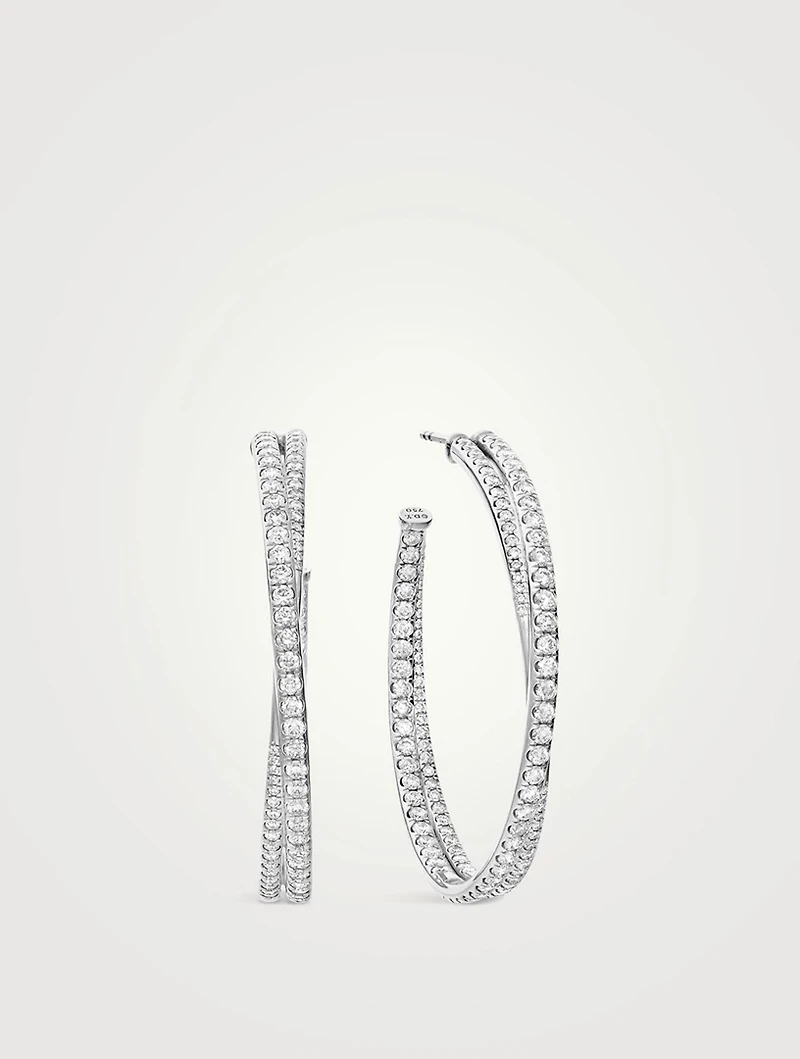 Pavé Crossover Hoop Earrings In 18k White Gold With Diamonds, 1.75in