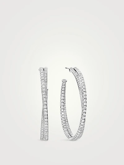 Pavé Crossover Hoop Earrings In 18k White Gold With Diamonds, 1.75in