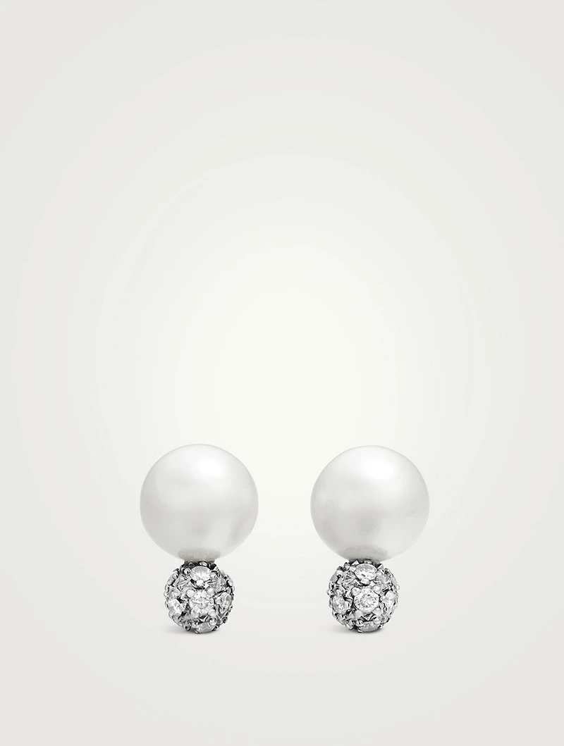 Pearl And Pavé Solari Stud Earrings In Sterling Silver With Pearls And Diamonds, 13mm