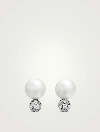 Pearl And Pavé Solari Stud Earrings In Sterling Silver With Pearls And Diamonds, 13mm
