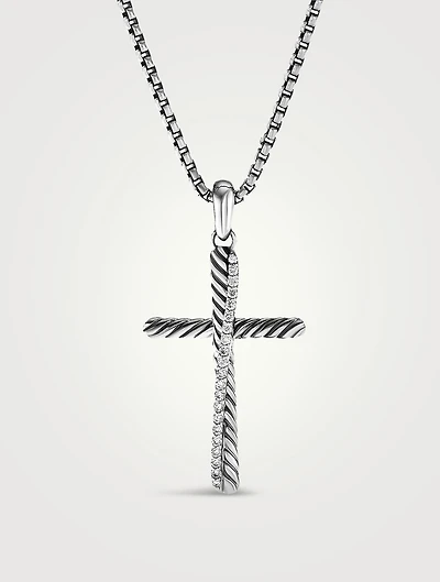 Crossover Cross Pendant In Sterling Silver With Pavé Diamonds