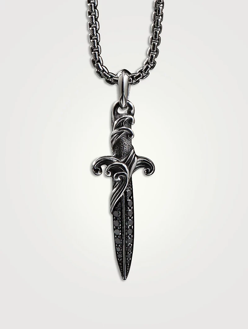 Waves Dagger Amulet In Sterling Silver With Pavé Black Diamonds