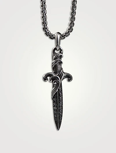 Waves Dagger Amulet In Sterling Silver With Pavé Black Diamonds