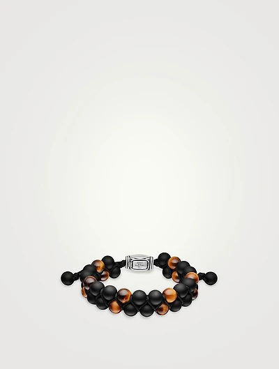 Spiritual Beads Two Row Woven Bracelet Black Onyx, Tiger’s Eye, Nylon And Sterling Silver, 8mm