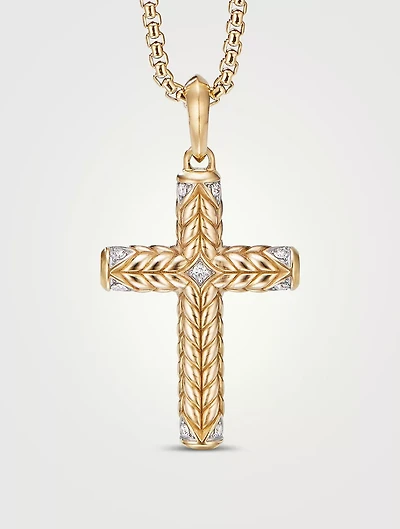 Chevron Sculpted Cross Pendant In 18k Yellow Gold With Pavé Diamonds