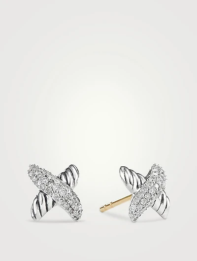 Petite X Stud Earrings In Sterling Silver With Pavé Diamonds