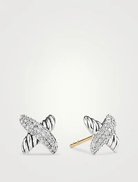 Petite X Stud Earrings In Sterling Silver With Pavé Diamonds