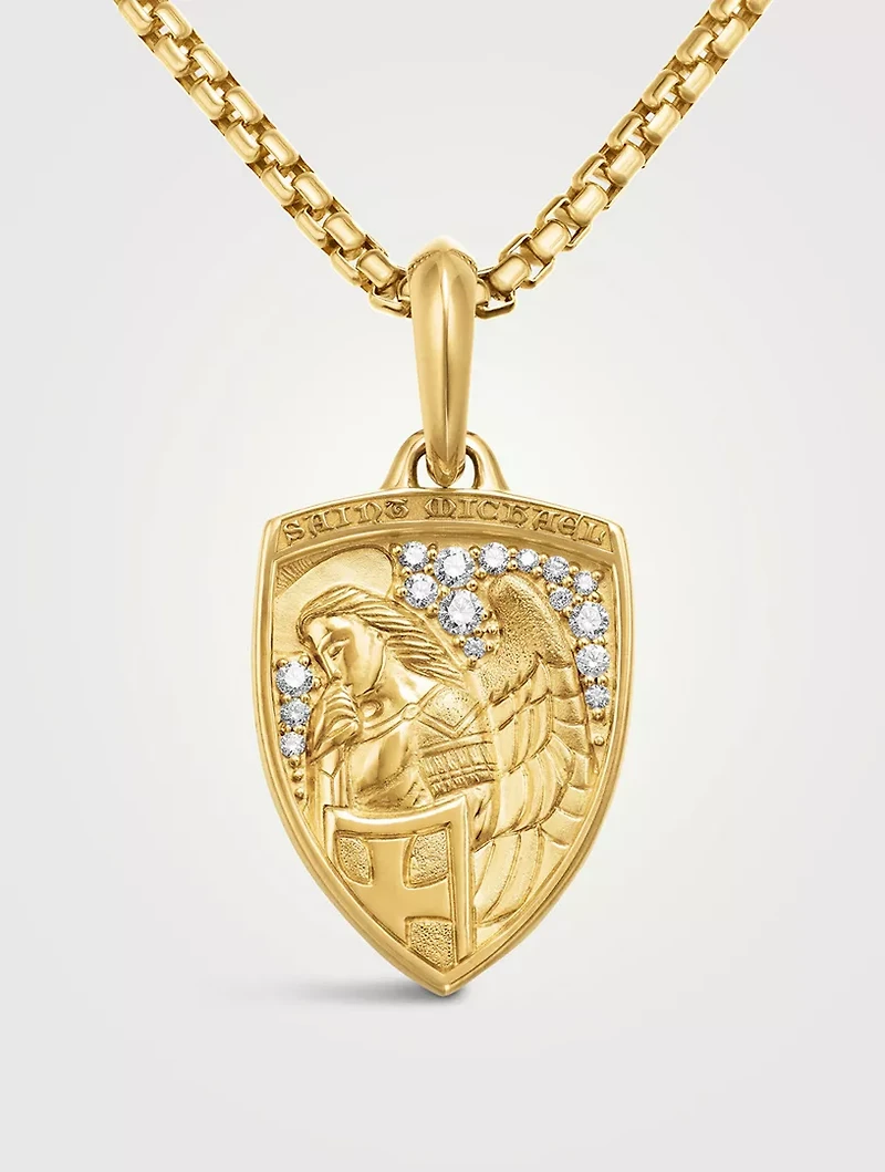 St. Michael Amulet In 18k Yellow Gold With Diamonds, 26mm