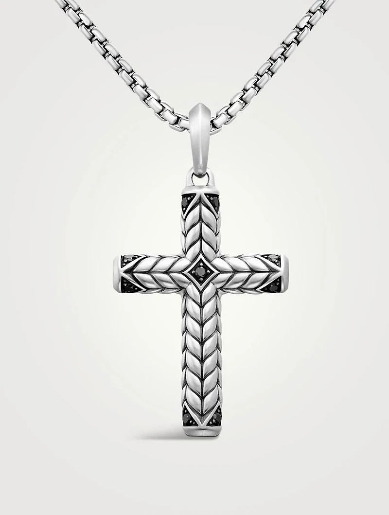 Chevron Cross Pendant In Sterling Silver With Black Diamonds, 36mm