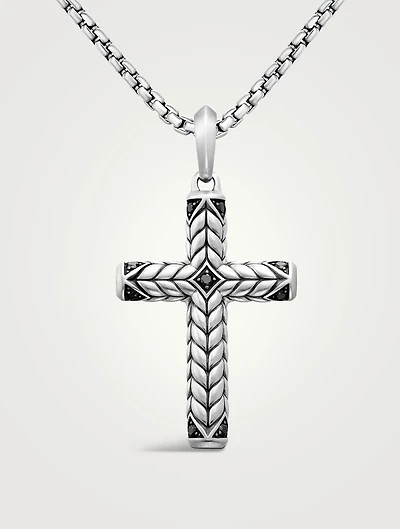 Chevron Cross Pendant In Sterling Silver With Black Diamonds, 36mm