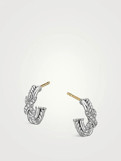 Petite X Hoop Earrings In Sterling Silver With Pavé Diamonds
