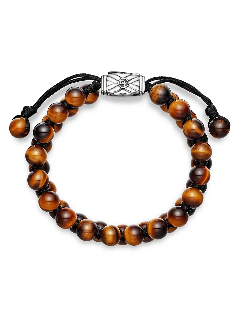 Spiritual Beads Two Row Woven Bracelet Sterling Silver With Tiger’s Eye, 8mm