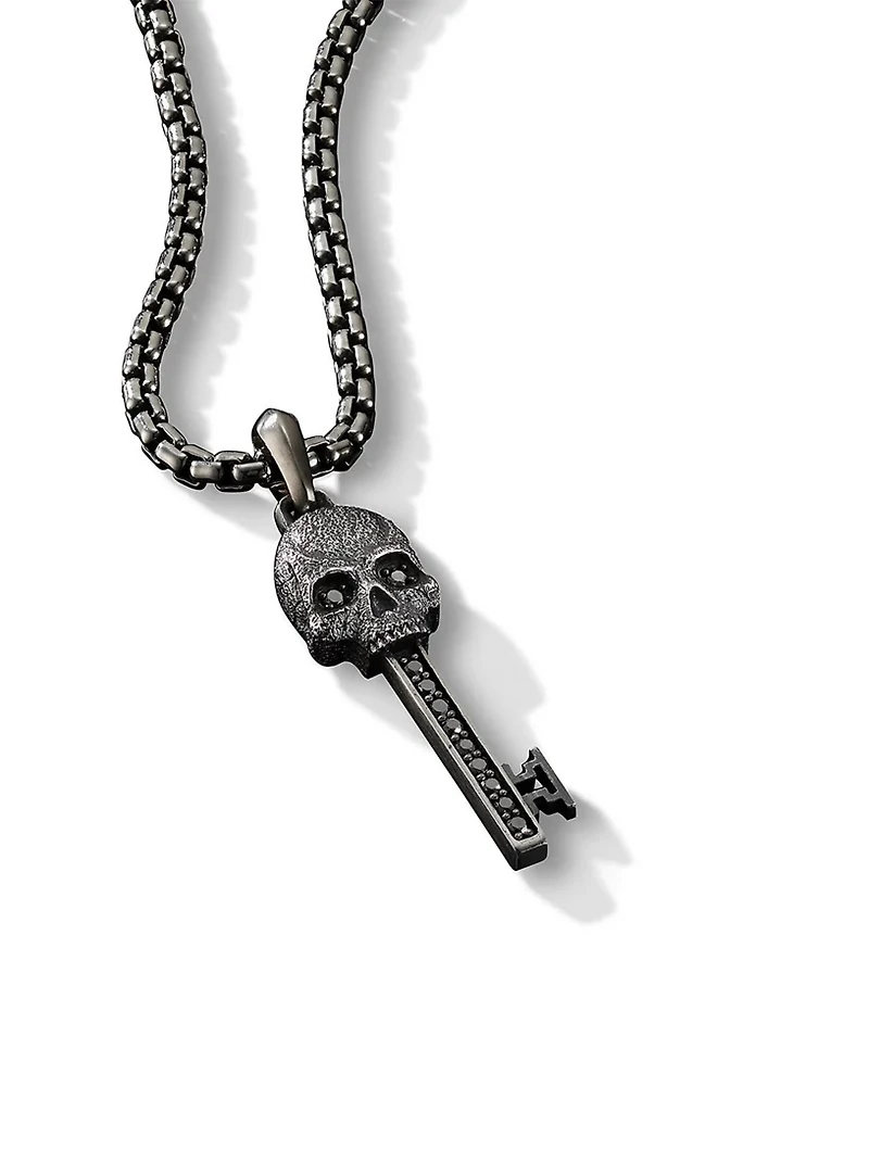 Memento Mori Skull Key Amulet In Sterling Silver With Pavé Black Diamonds