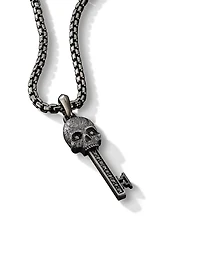 Memento Mori Skull Key Amulet In Sterling Silver With Pavé Black Diamonds