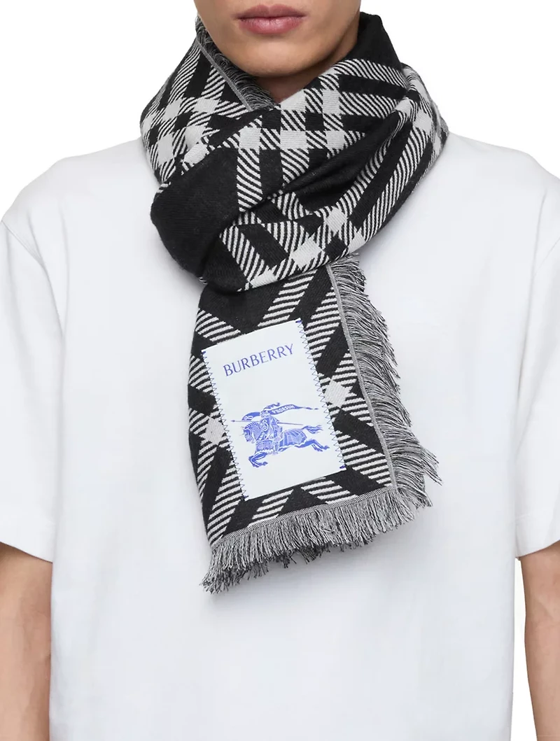 Wide Check Wool Silk Scarf
