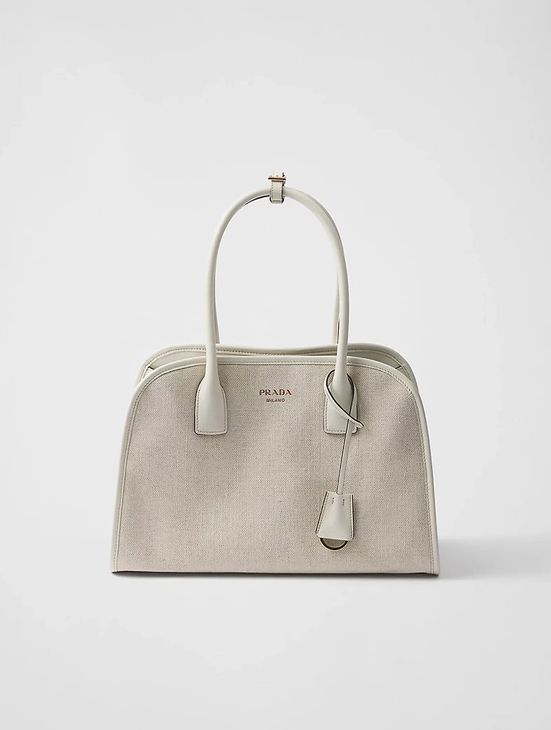 Medium Linen Blend And Leather Tote Bag