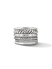 Stax Six Row Ring Sterling Silver With Pavé Diamonds