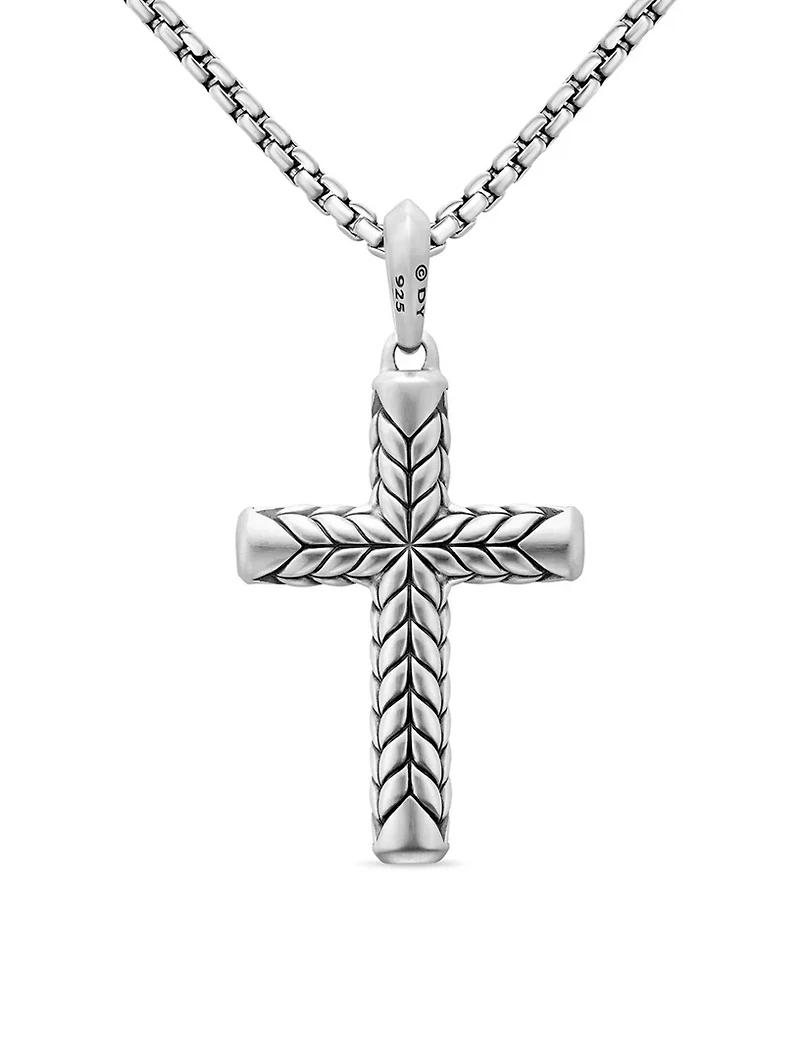 Chevron Cross Pendant In Sterling Silver With Black Diamonds, 36mm