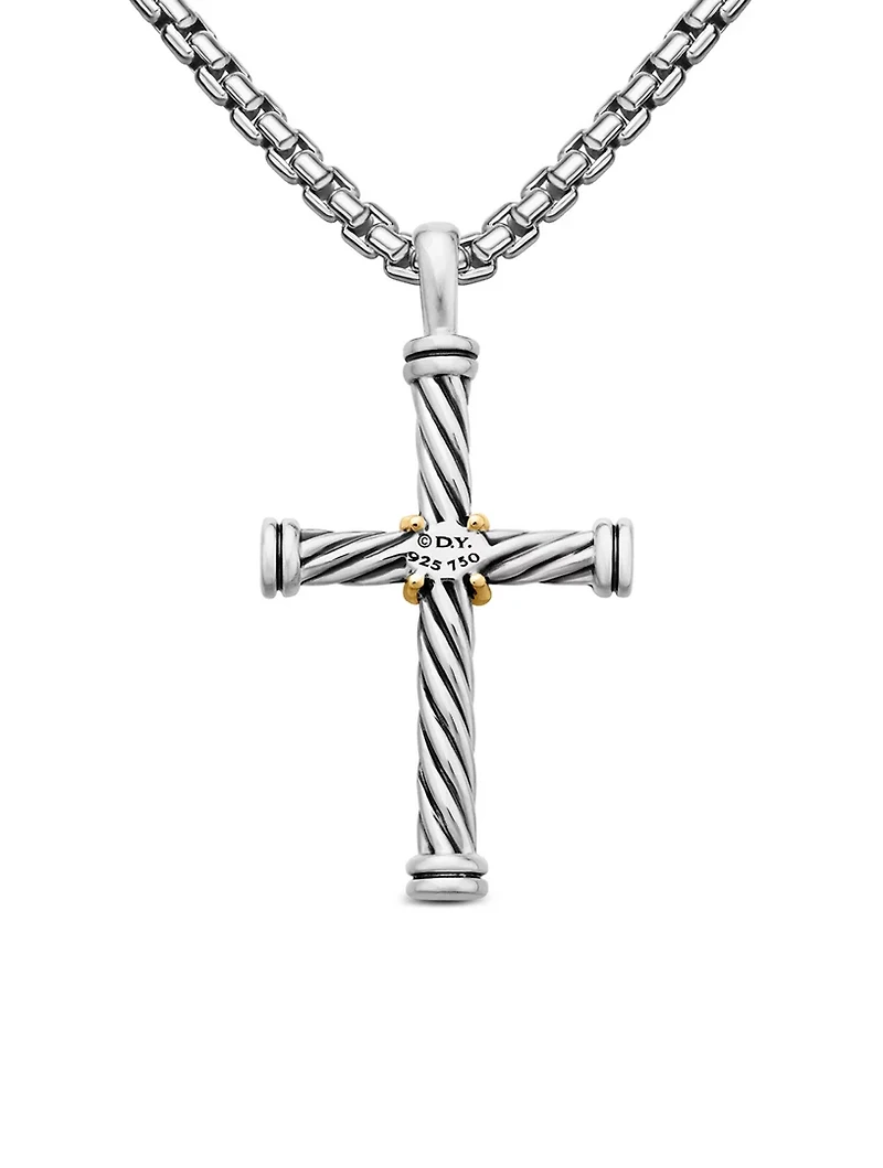 Cable Cross Pendant In Sterling Silver With 18k Yellow Gold, 35mm