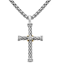Cable Cross Pendant In Sterling Silver With 18k Yellow Gold, 35mm