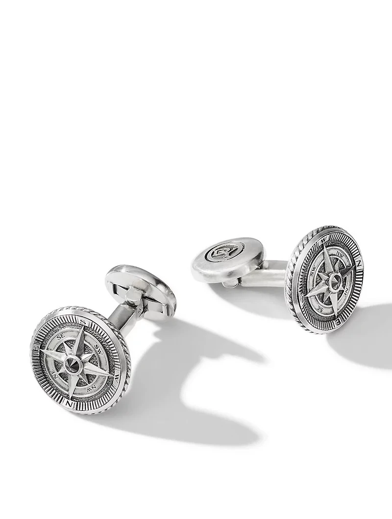 Maritime® Compass Cufflinks In Sterling Silver With Center Black Diamond