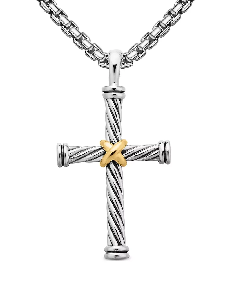 Cable Cross Pendant In Sterling Silver With 18k Yellow Gold, 35mm